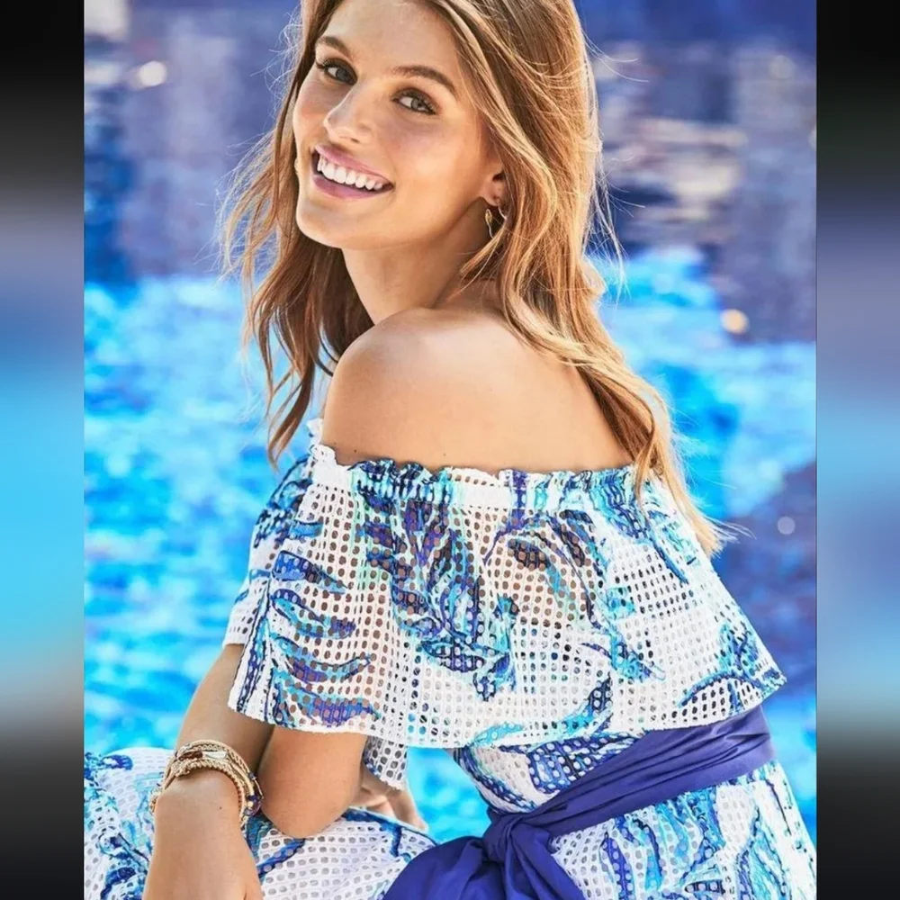 Nwt Lilly Pulitzer Sona White/Blue Floral Off Shoulder Tiered Mesh Midi Dress - Picture 6 of 17